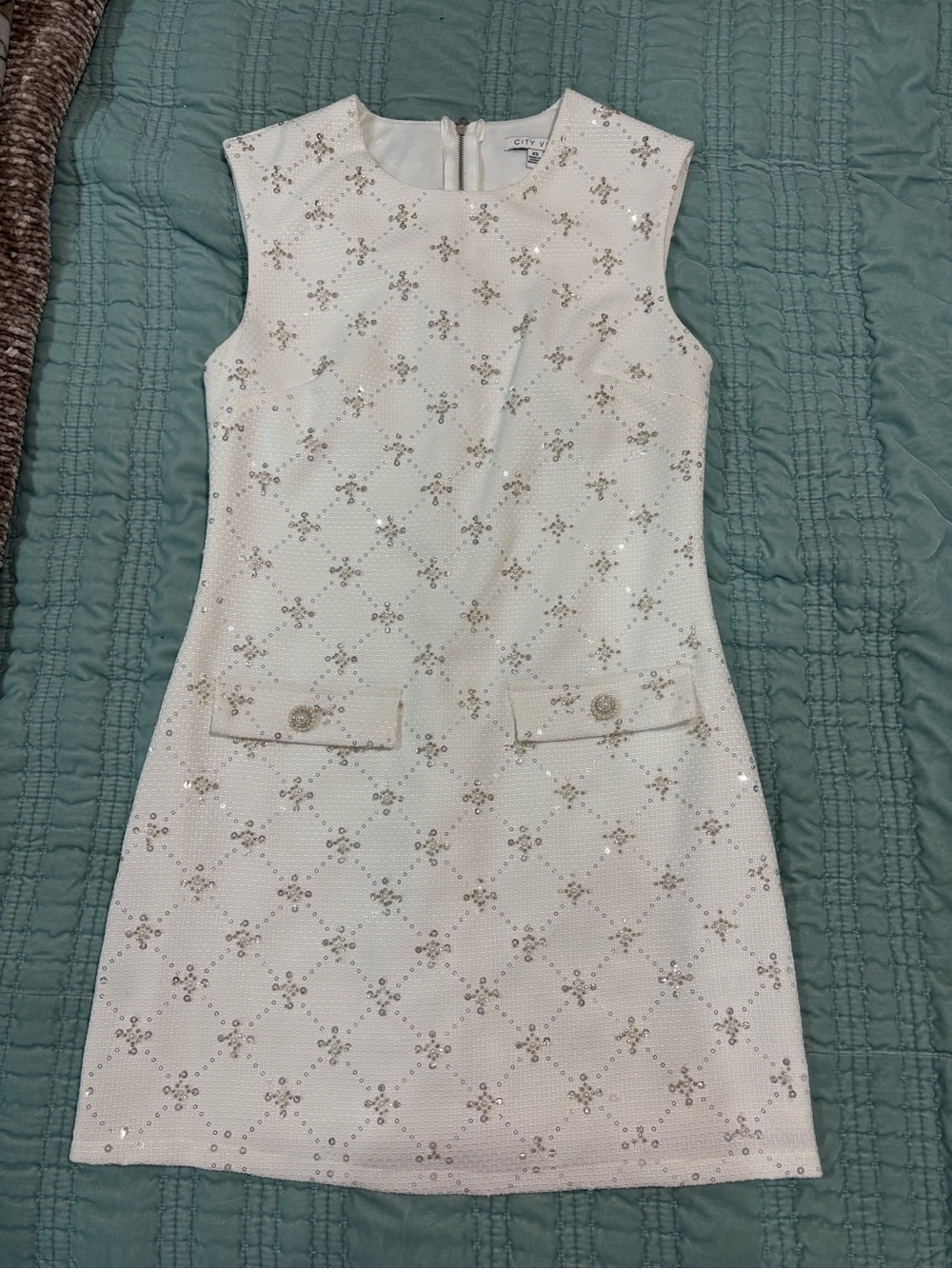 City Studio White Sequin Pocket Shift Dress